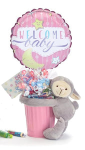 BABY GIRL 9" AIR FILLED BALLOON WITH TIN CONTAINER AND PLUSH GIFT